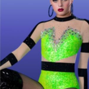 Glamour Neon Green and Black Kids Dance Costume